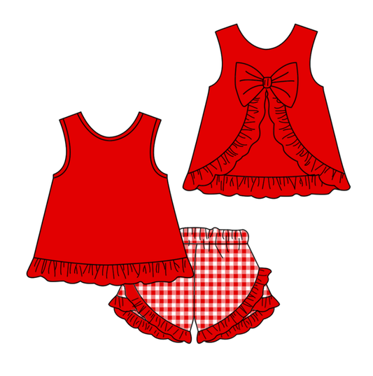 ( Moq 5 ) Baby Girls Short Sleeves Bow Red Tunic Plaid Ruffle Shorts Clothes Set