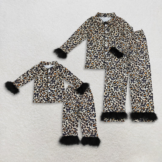 Sibling Baby Girls Adult Women Bats Bows Leopard Buttons Shirts Pants Halloween Fur Pajamas Sets RTS