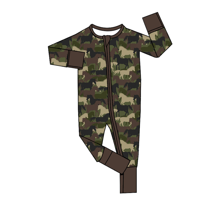 Baby Boy Camo Western Horse Long Sleeves Zipper Romper