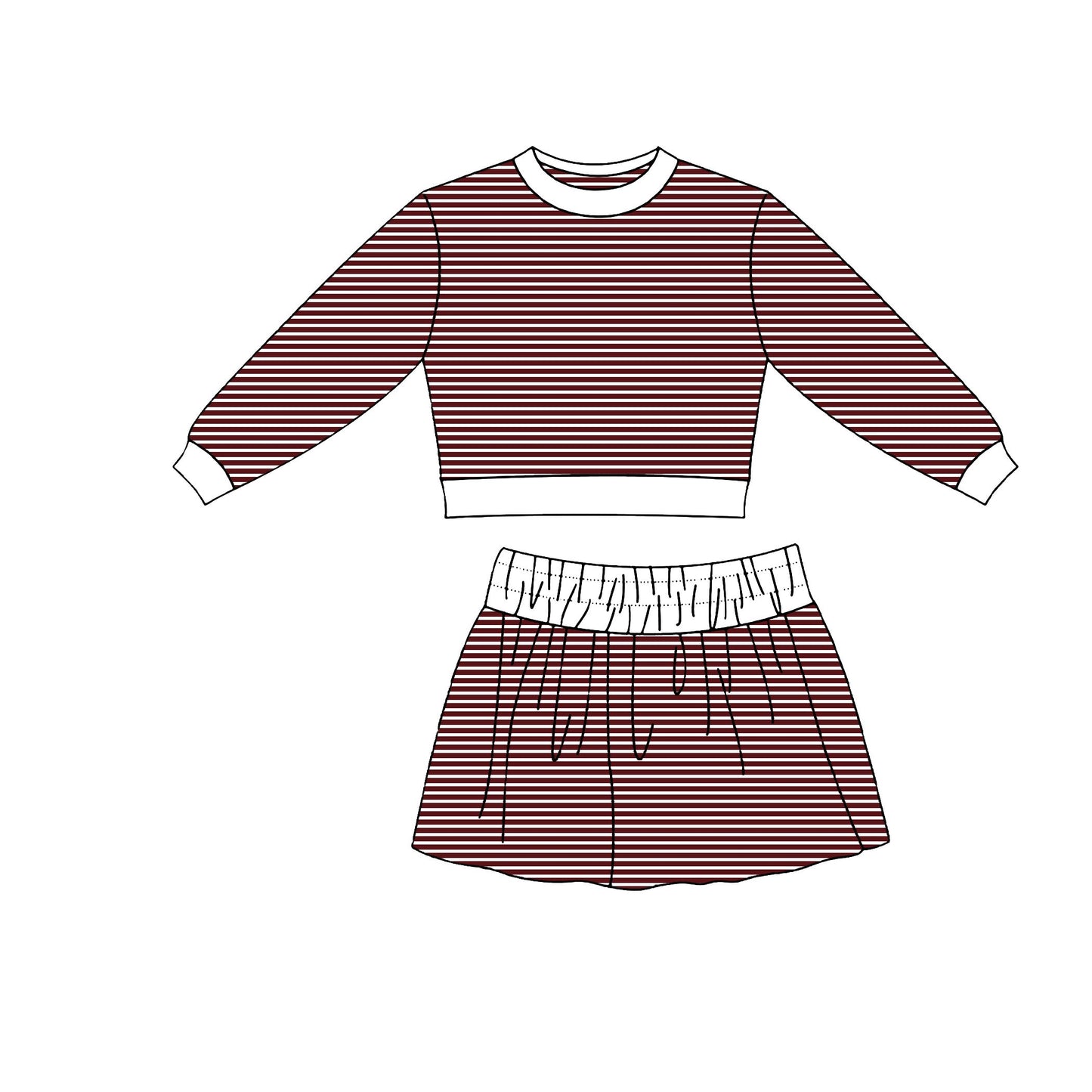 ( Moq 5 ) Preorder Baby Girls Kids Long Sleeves Shirt Skirt Shorts Wine Red Stripes Set Yoga Clothes
