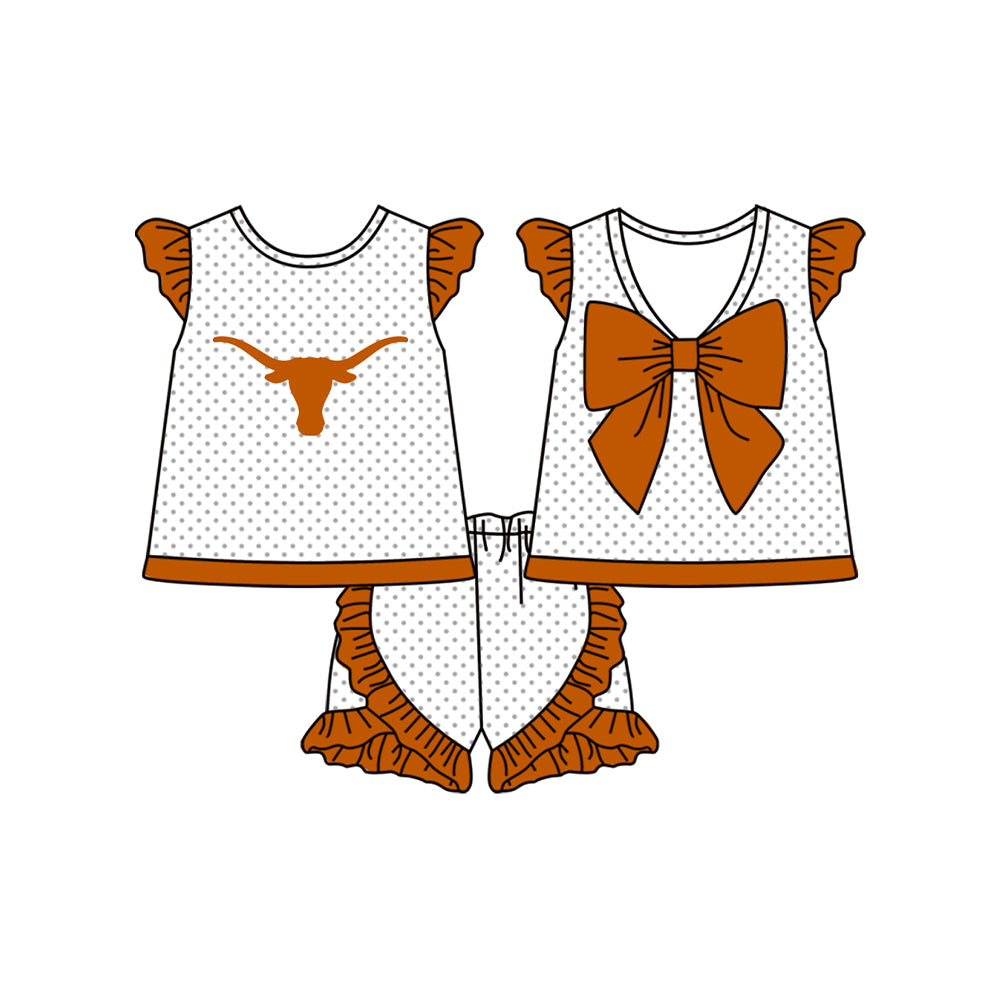 Baby Girl Short Sleeves Cow Team Orange Bow Tunic Ruffle Shorts Clothes Set ( Moq 5 )