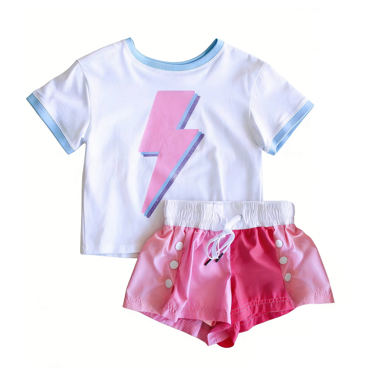 ( Moq 5 ) Preorder Baby Girls Kids Short Sleeves Shirt Buttons Pink Shorts Set Clothes