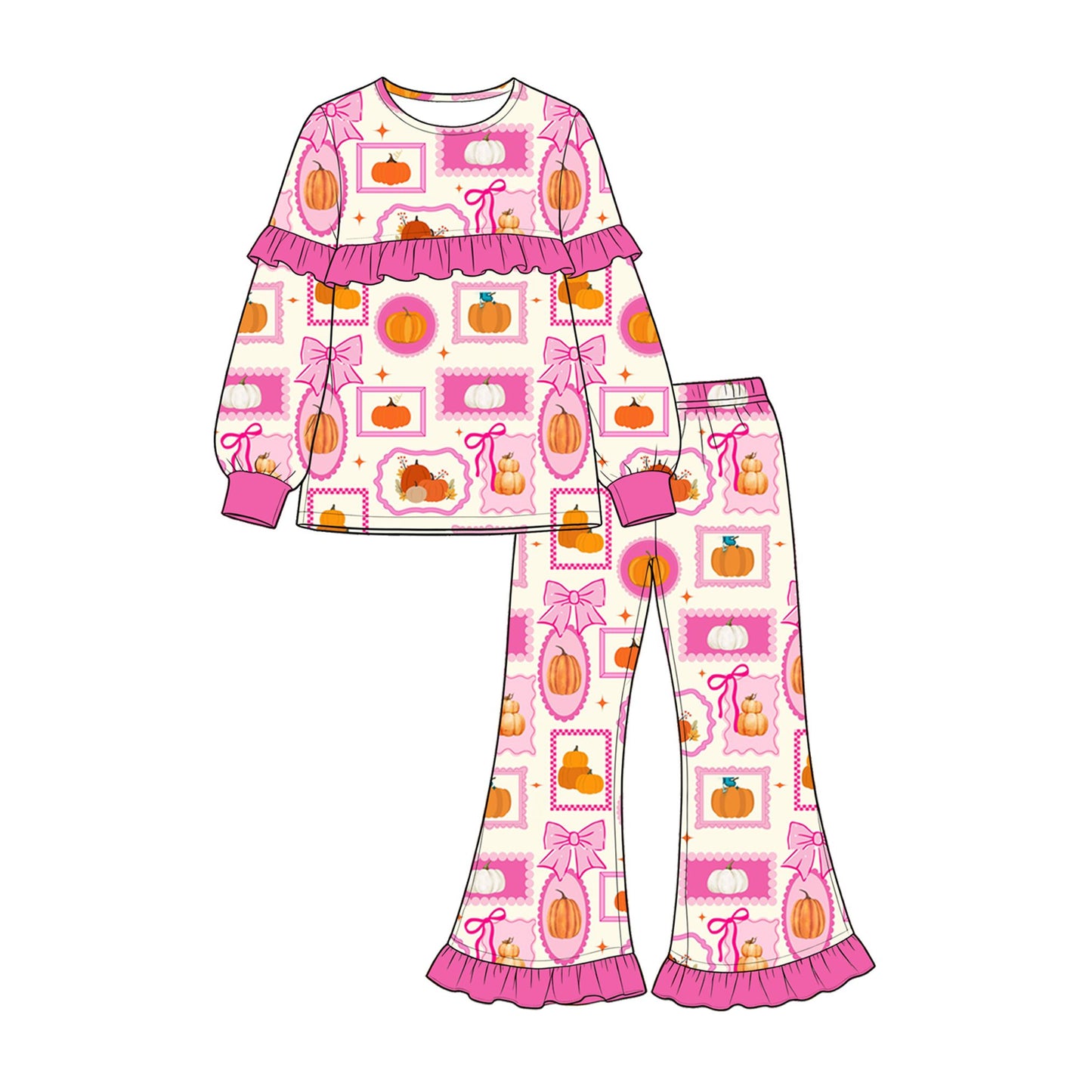 ( Moq 5 ) Preorder Baby Girls Kids Pumpkins Bows Tops Pink Ruffle Pants Set Fall Clothes