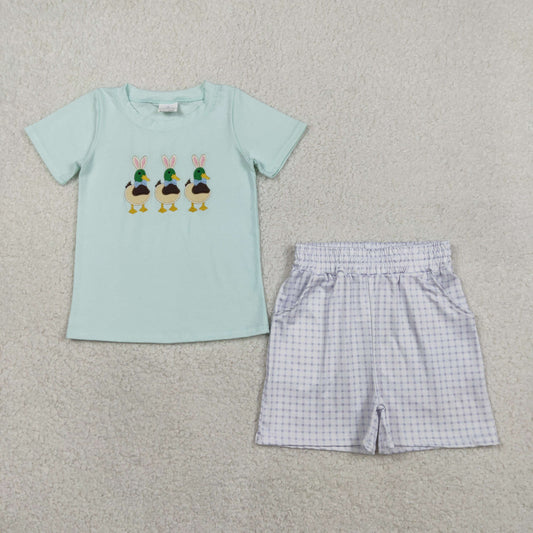 Baby Boys Embroidery Rabbits Ducks Shirt Plaid Pockets Shorts Easter Clothes Set RTS