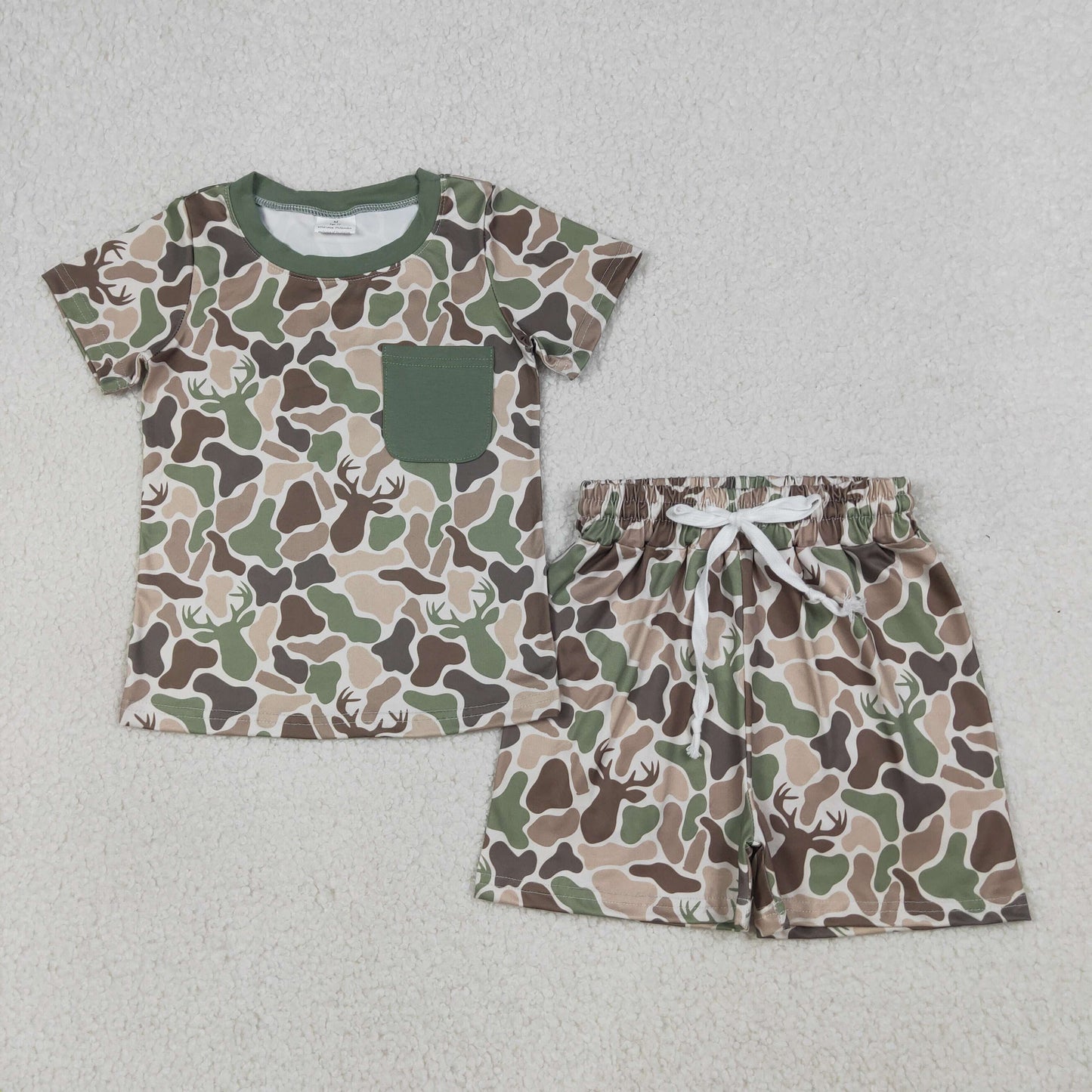 Baby Boys Short Sleeves Pocket Shirt Deer Green Camo Shorts Clothes Set RTS
