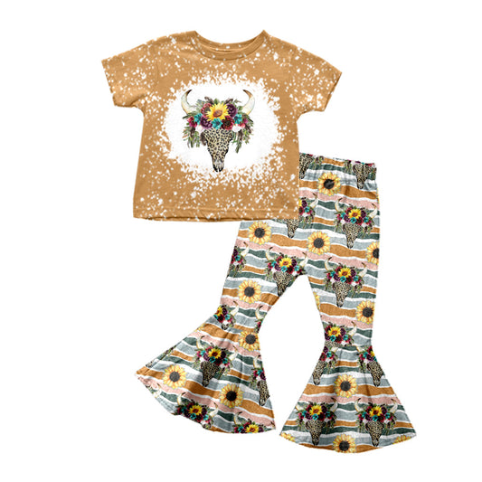 Baby Girl Western Cow Sunflower Shirt Bell Pants Clothes Set