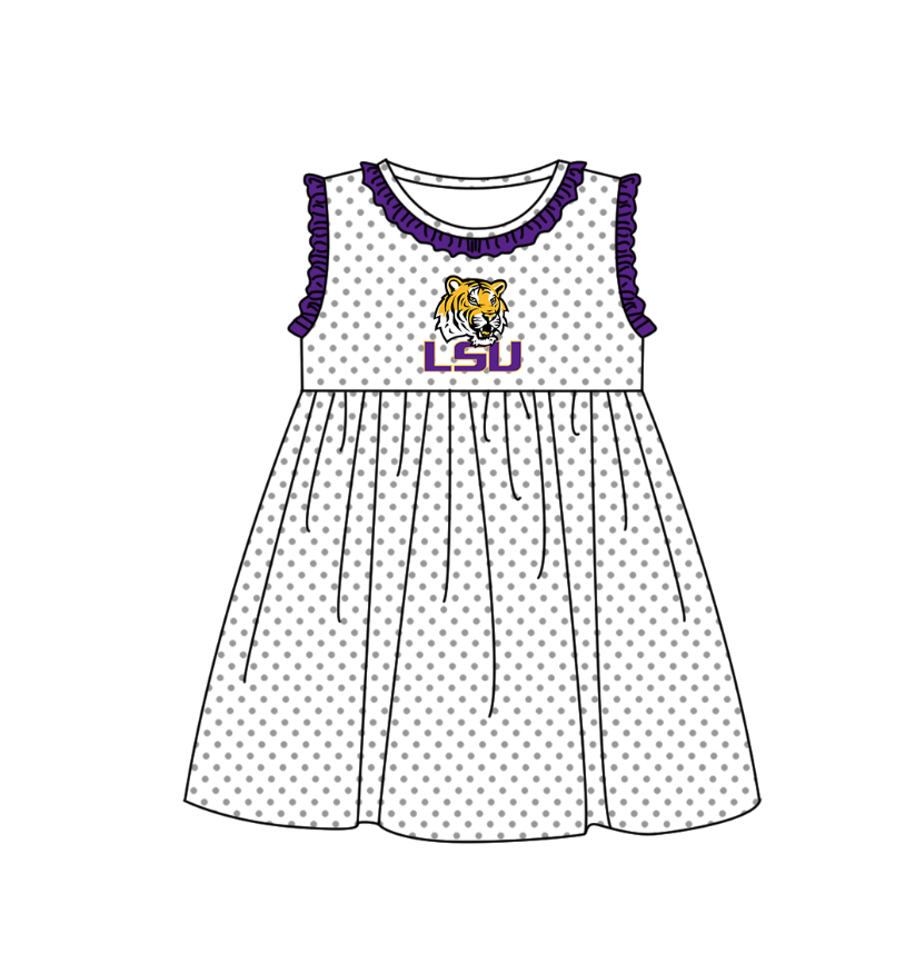 ( Moq 5 ) Baby Girls Toddler Sleeveless Tiger Dots Team Purple Ruffle Knee Length Dress
