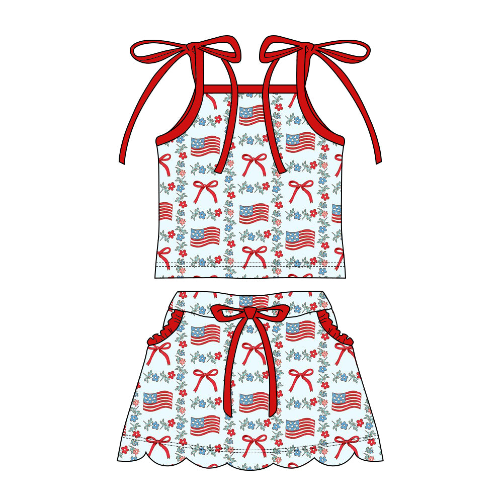 ( Moq 5 ) Preorder Baby Girl Kids Bows Flags Floral Tops Pockets Skirt Shorts 4th of July Set