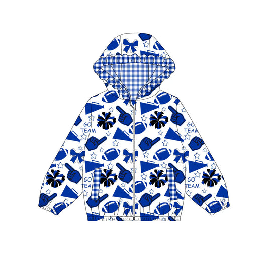( Moq 5 ) Baby Girls Kids Bows Cheer Blue Plaid Pockets Team Hoodie Zipper Football Coat Tops