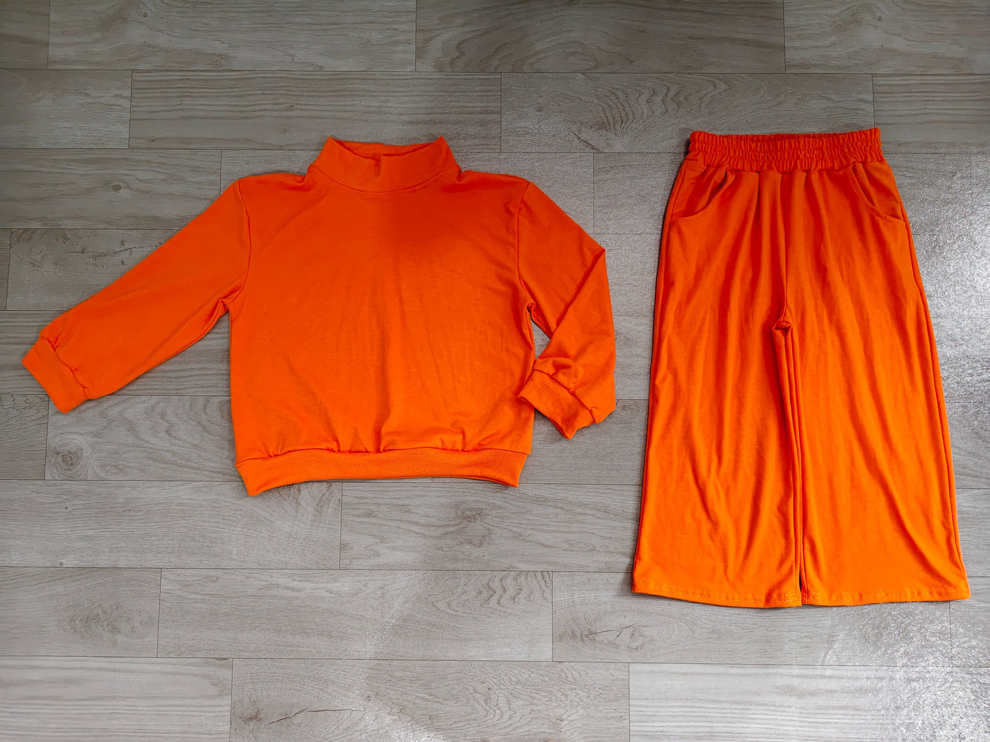 ( No moq ) Preorder Baby Girl Kids Long Sleeves Orange Shirt Pockets Pants Cotton Set Clothes