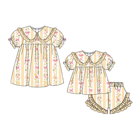 ( Moq 5 Each Style ) Sibling Baby Girls Kids Flower Bows Stripes Romper Dress Set Clothes