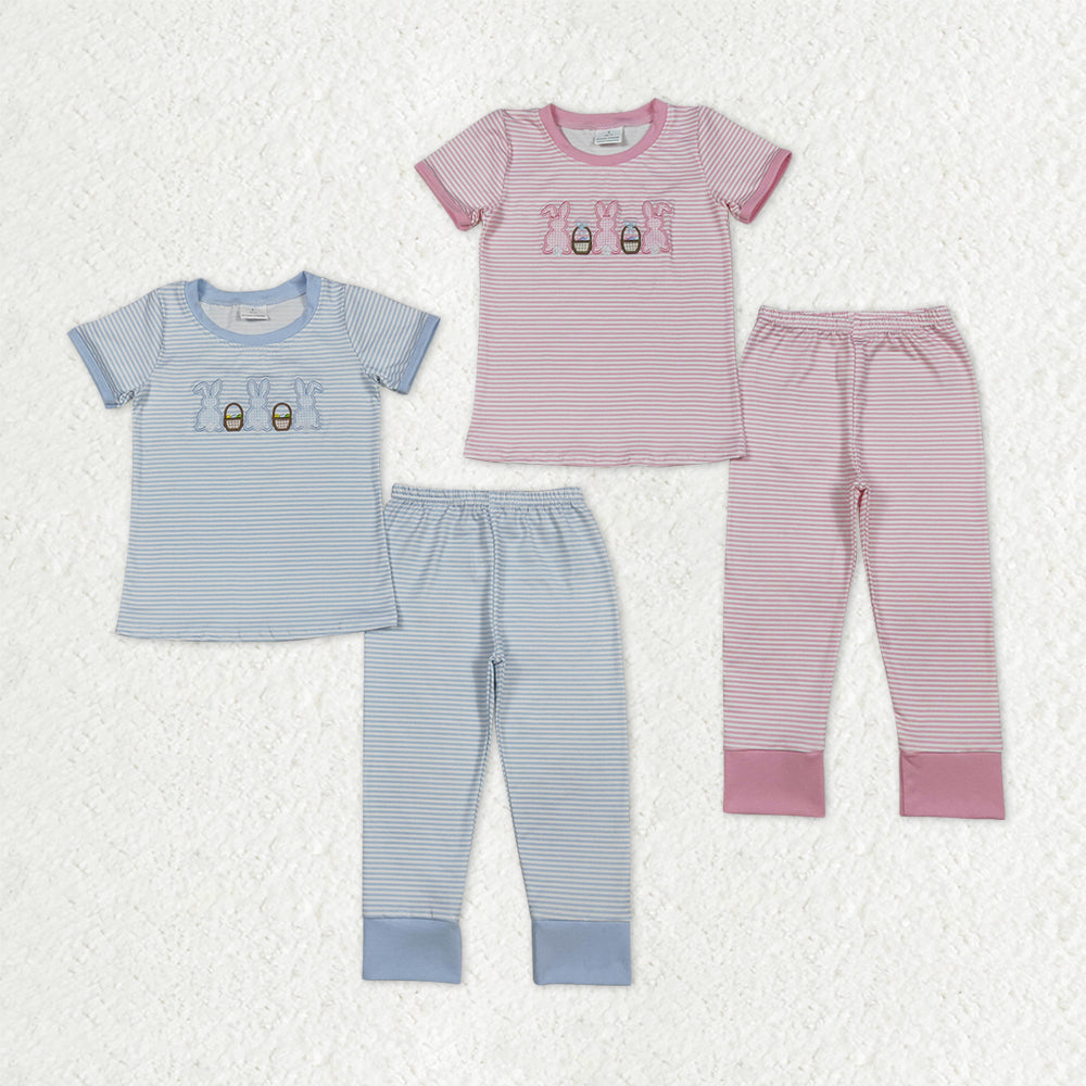 Sibling Baby Boys Girls Kids Embroidery Rabbits Eggs Shirts Stripes Pants Easter Pajamas Clothes Sets RTS