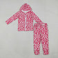 Girls Kids Long Sleeves Pink Leopard Hoodie Zipper Shirt Pockets Pants Clothes Set RTS