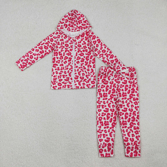 Girls Kids Long Sleeves Pink Leopard Hoodie Zipper Shirt Pockets Pants Clothes Set RTS