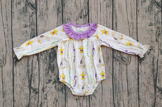 ( No moq ) No moq Baby Girl Infant Long Sleeves Mardi Gras Purple Bubble Romper