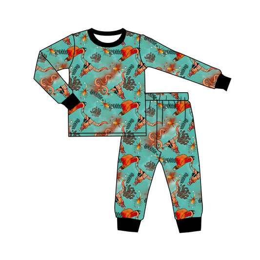 Baby Boy Long Sleeves Cow Skull Shirt Pants Western Pajamas Set Moq 5