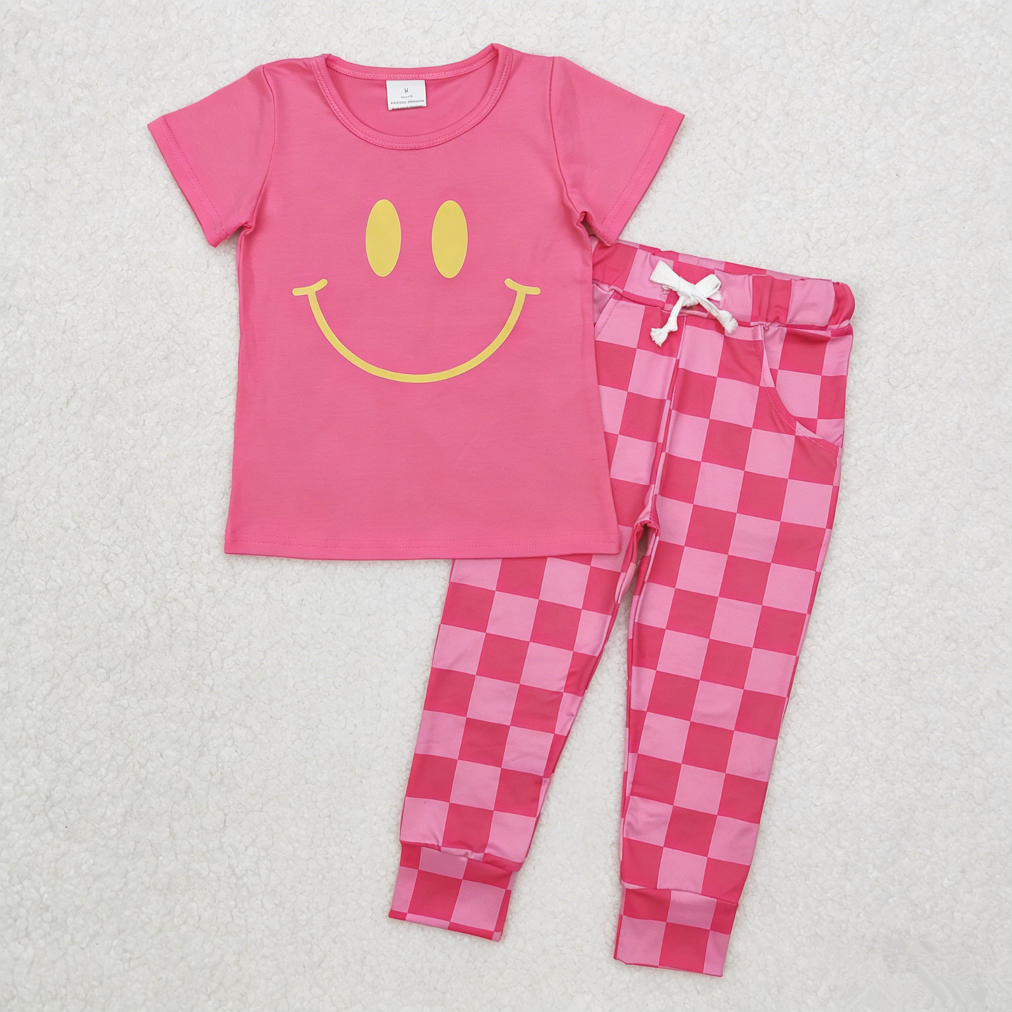 Baby Girls Kids Short Sleeves Smile Shirt Pink Plaid Pockets Pants Clothes Set RTS