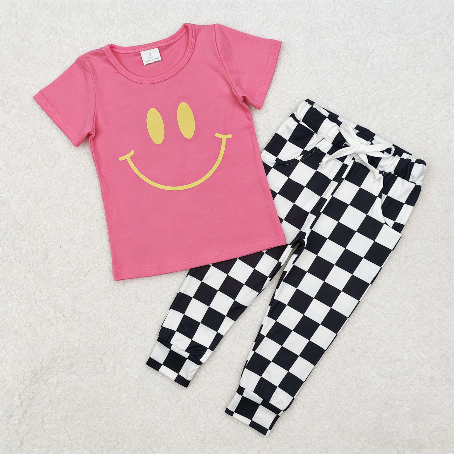 Baby Girls Kids Short Sleeves Smile Shirt Black Plaid Pockets Pants Clothes Set RTS