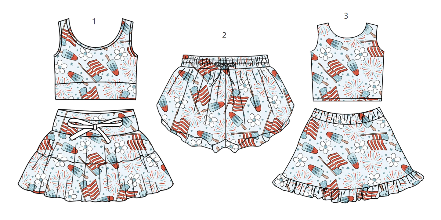 ( Moq 5 Each Style ) Baby Girls Kids Flags Popsicle 4th of July Sibling Shorts Sets Clothes