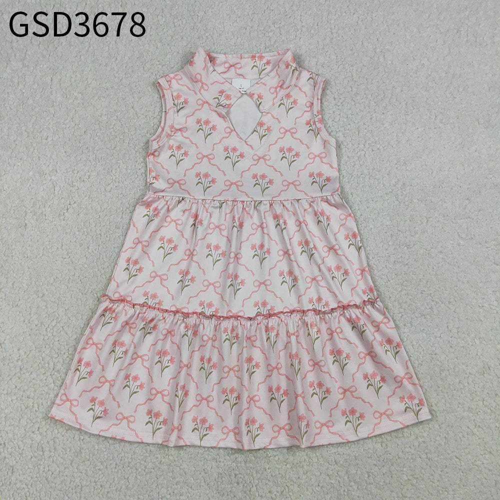 Baby Girls Kids Sleeveless Pink Bows Flower Ruffle Knee Length Dress RTS