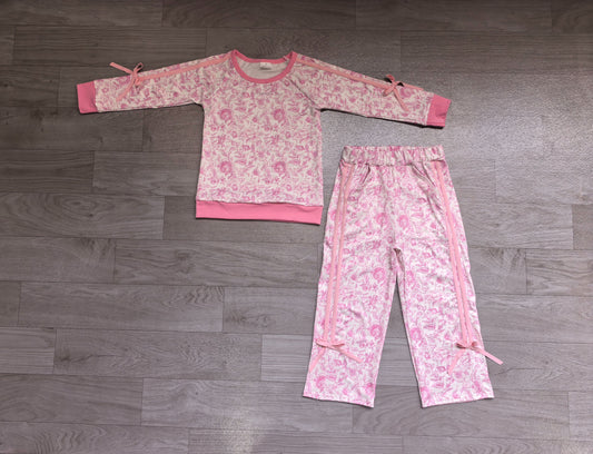 ( No moq ) Preorder Baby Girls Kids Flower Pink Bows Shirt Pockets Pants Set Clothes