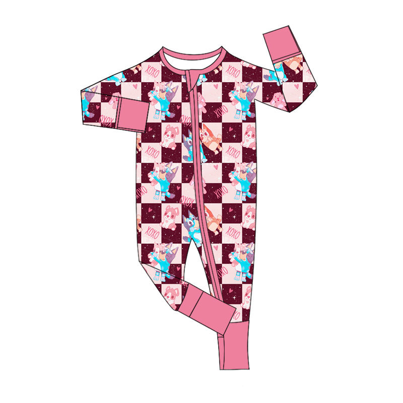 Baby Girl Long Sleeves Valentines Dogs Plaid Zipper Romper Moq 5