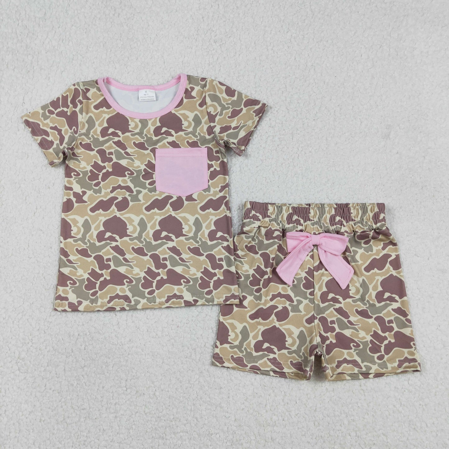 Baby Girls Kids Short Sleeves Camo Pocket Shirt Pink Bow Shorts Clothes Set RTS