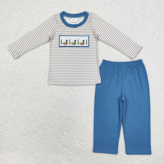 Baby Boy Long Sleeves Embroidery Ducks Stripes Shirt Pants Set