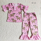 Promotion Baby Girl Short Sleeves Shirt Western Cow Print Pants Pajamas Set RTS