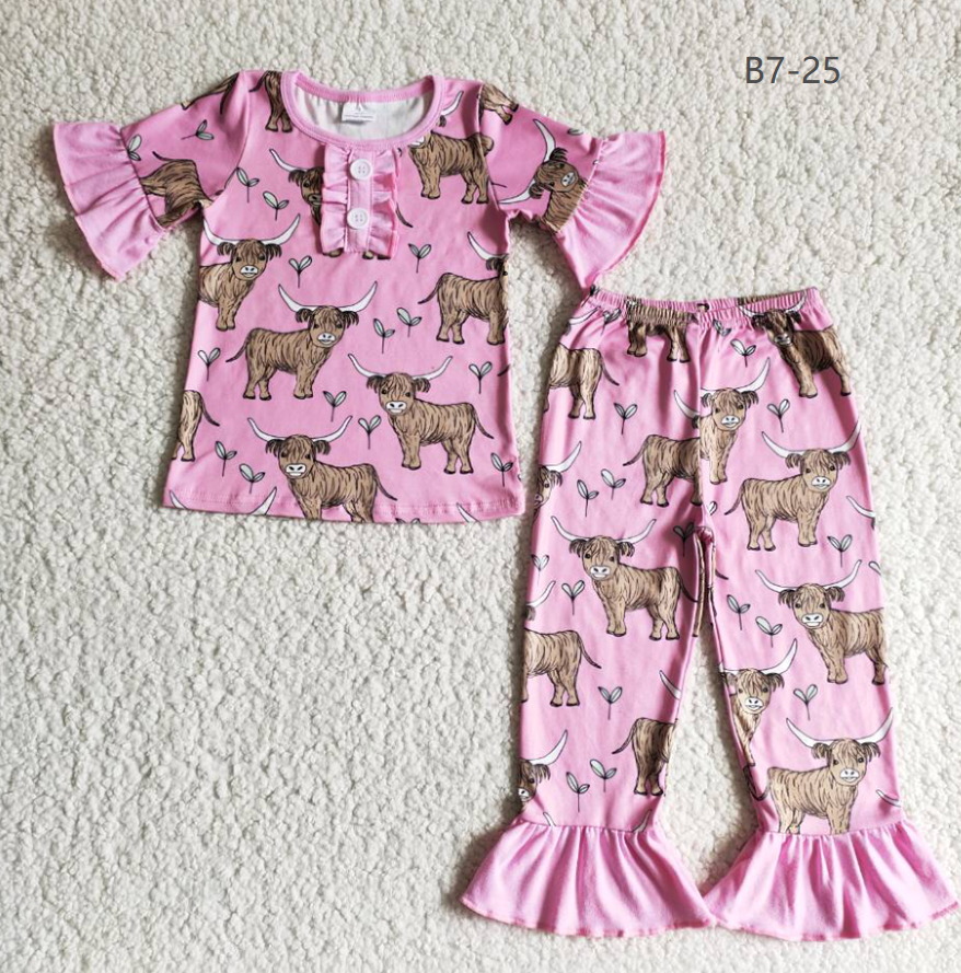 Promotion Baby Girl Short Sleeves Shirt Western Cow Print Pants Pajamas Set RTS