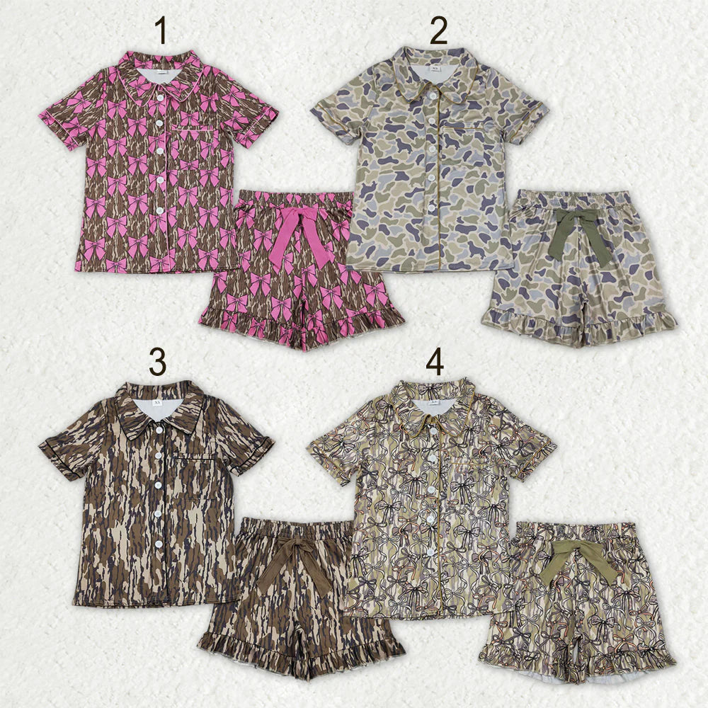 Sibling Adult Women Short Sleeves Buttons Shirt Camo Bows Shorts Pajamas Hunting Sets RTS