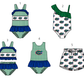 ( Moq 5 Each Style ) Baby Boys Girls Green Stripes Sibling Team Sets Swimsuits Football Clothes