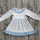 Baby Girl Long Sleeves Pumpkin Bows Blue Ruffle Fall Knee Length Dress RTS
