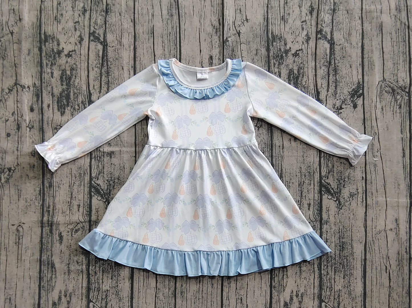 Baby Girl Long Sleeves Pumpkin Bows Blue Ruffle Fall Knee Length Dress RTS