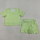 Baby Girls Kids Short Sleeves Plaid Shirt Scallop Shorts Green Clothes Set RTS