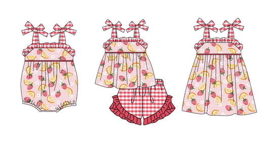 ( Moq 5 Each Style ) Sibling Baby Girls Kids Bows Strawberry Romper Dress Set Summer Clothes
