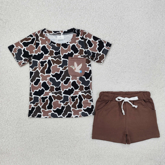 Baby Boy Short Sleeves Duck Camo Pocket Shirt Brown Cotton Shorts Clothes Set