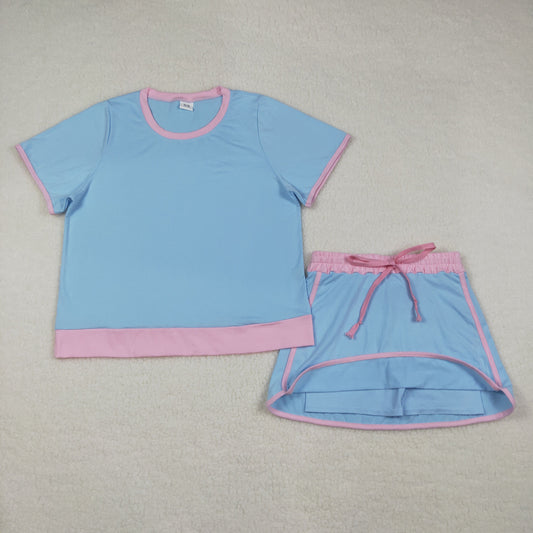 Adult Women Short Sleeves Shirt Shorts Blue Cotton Clothes Set RTS