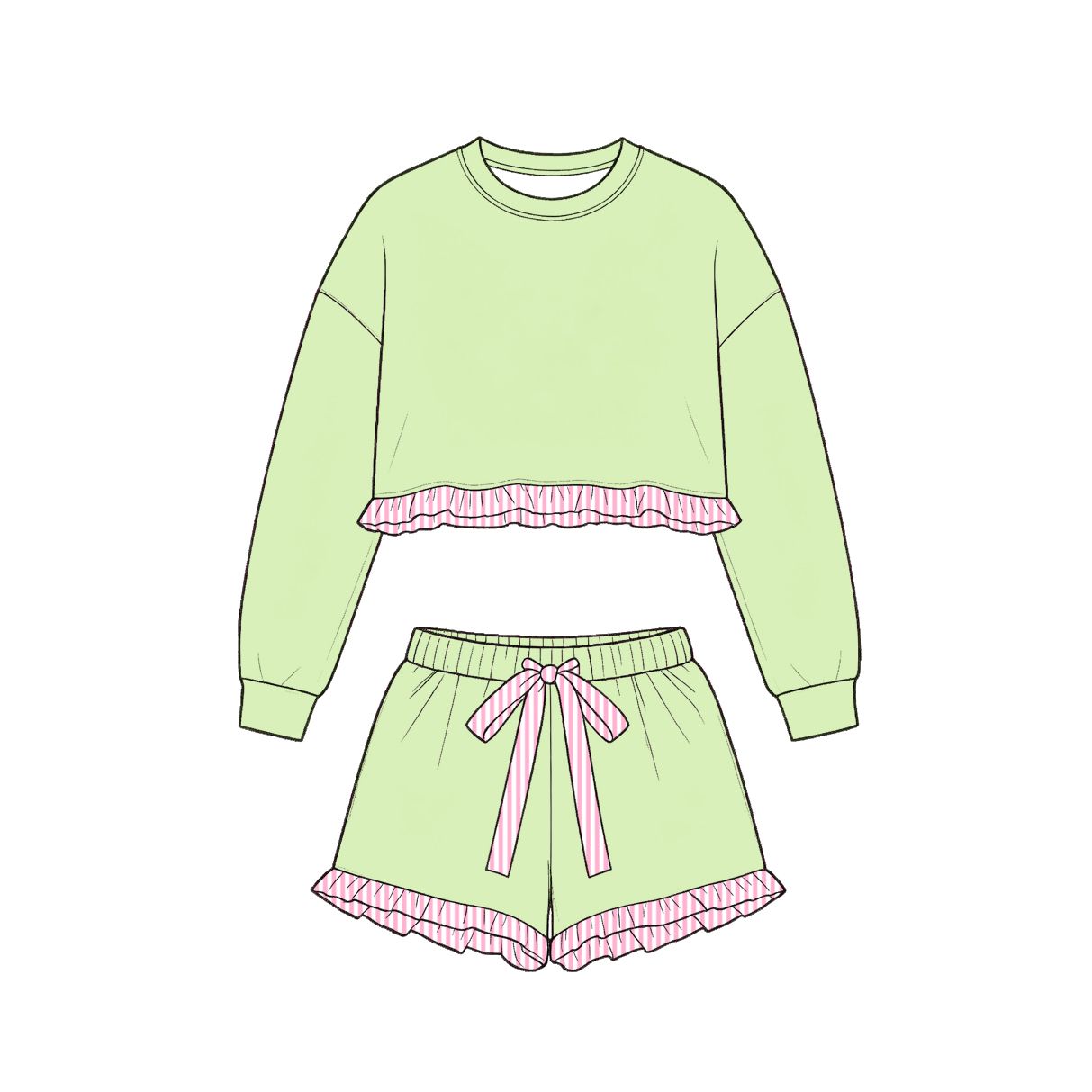( Moq 5 ) Preorder Baby Girls Kids Long Sleeves Green Shirt Stripes Shorts Set Cotton Clothes