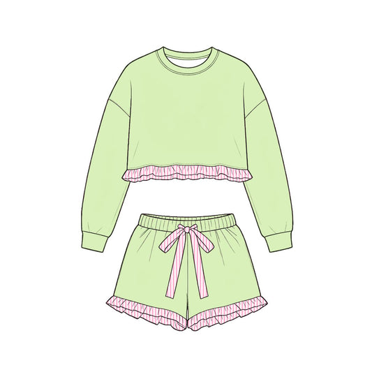 ( Moq 5 ) Preorder Baby Girls Kids Long Sleeves Green Shirt Stripes Shorts Set Cotton Clothes
