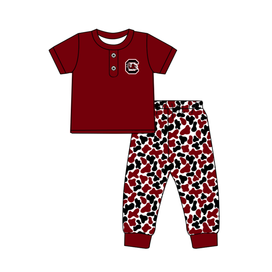 ( Moq 5 ) Baby Boys Dark Red Short Sleeves Buttons Shirt Camo Pants Team Clothes Set