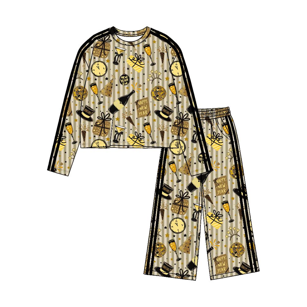 ( Moq 5 ) Preorder Baby Girls Kids Yoga Active Shirt Pants Happy New Year Set Gold Clothes
