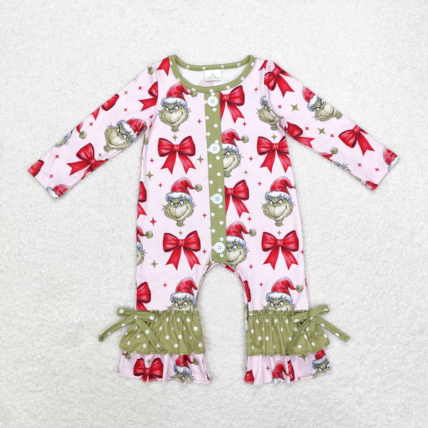 Baby Girl Christmas Green Face Bows Zipper Romper