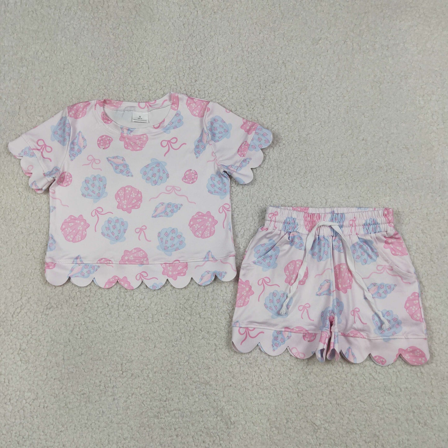 Baby Girls Kids Short Sleeves Shell Bows Shirt Scallop Shorts Set Clothes RTS