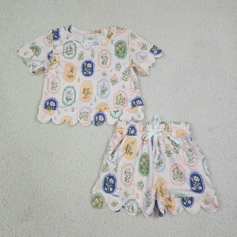 Baby Girl Kids Short Sleeves Flower Shirt Shorts Set Scallop Clothes RTS