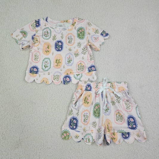 Baby Girl Kids Short Sleeves Flower Shirt Shorts Set Scallop Clothes RTS