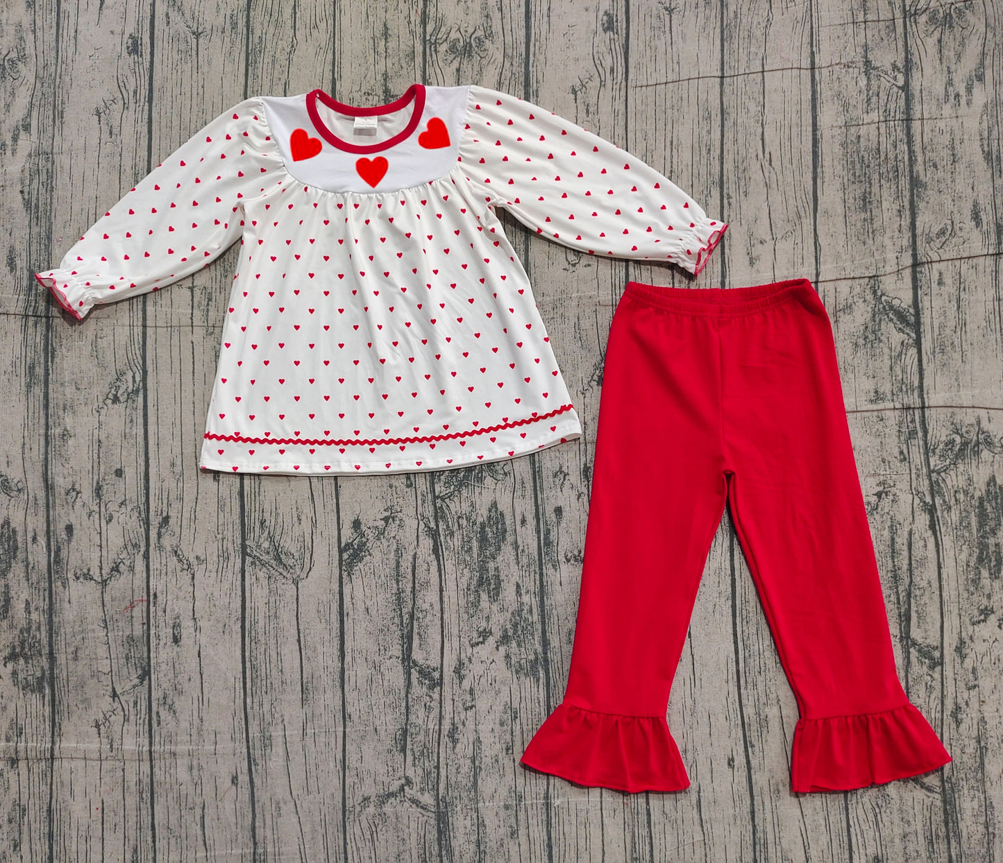 ( No moq ) Preorder Baby Girls Long Sleeves Hearts Dots Tunic Red Pants Valentine Clothes Set