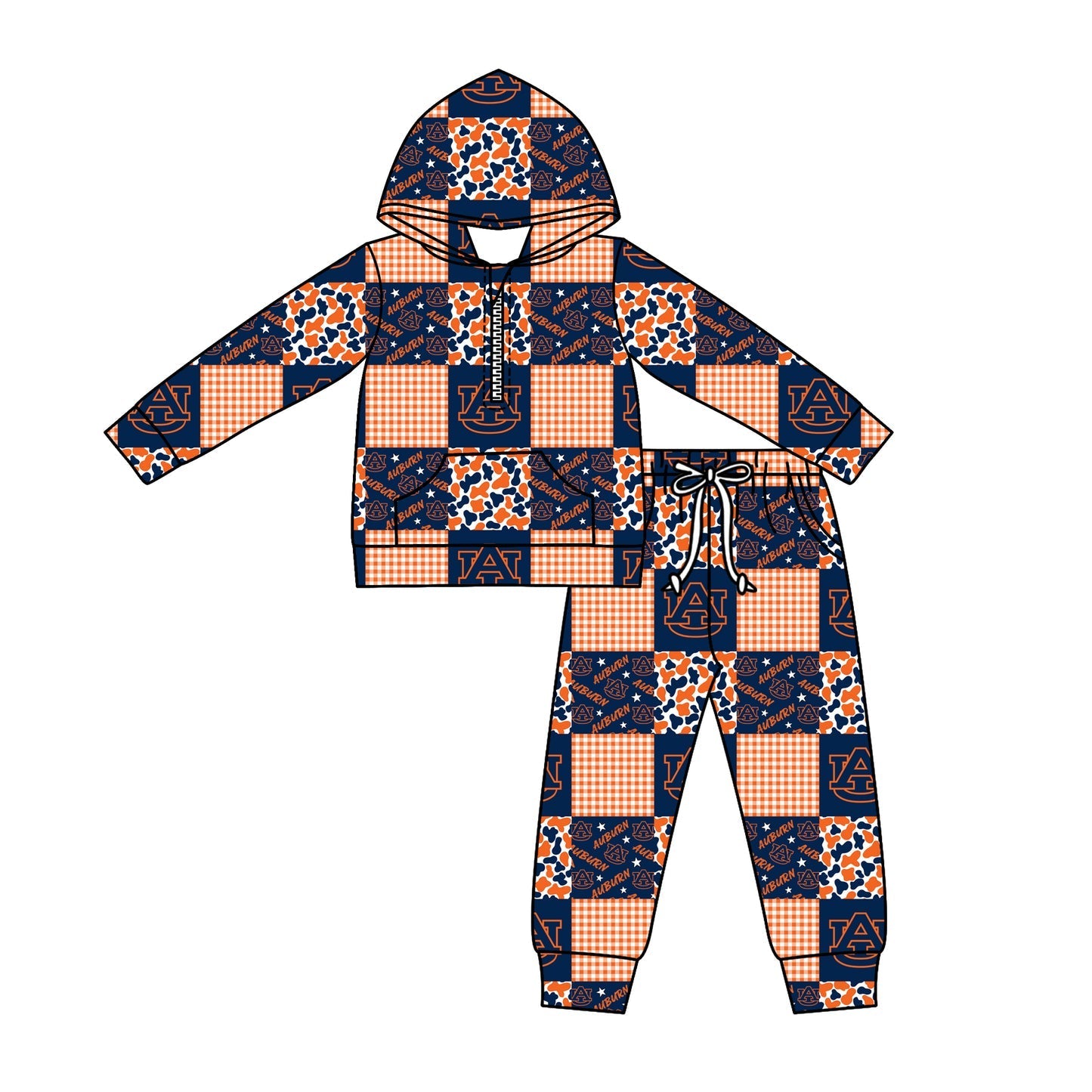 ( Moq 5 ) Baby Kids Orange Long Sleeves Zipper Pullover Pockets Camo Plaid Pants Team Clothes Set