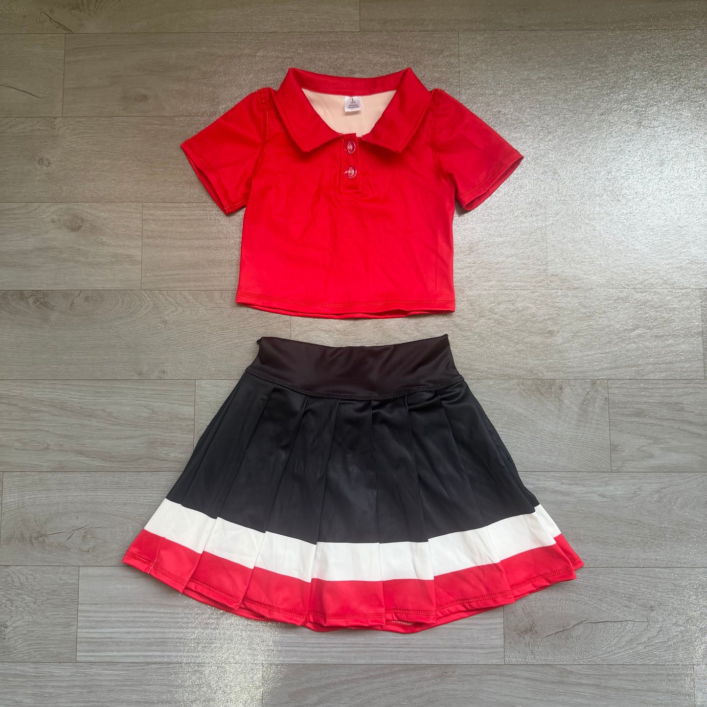 ( No moq ) Preorder Baby Girls Kids Red Buttons Shirt Skirt Shorts Yoga Active Set Clothes