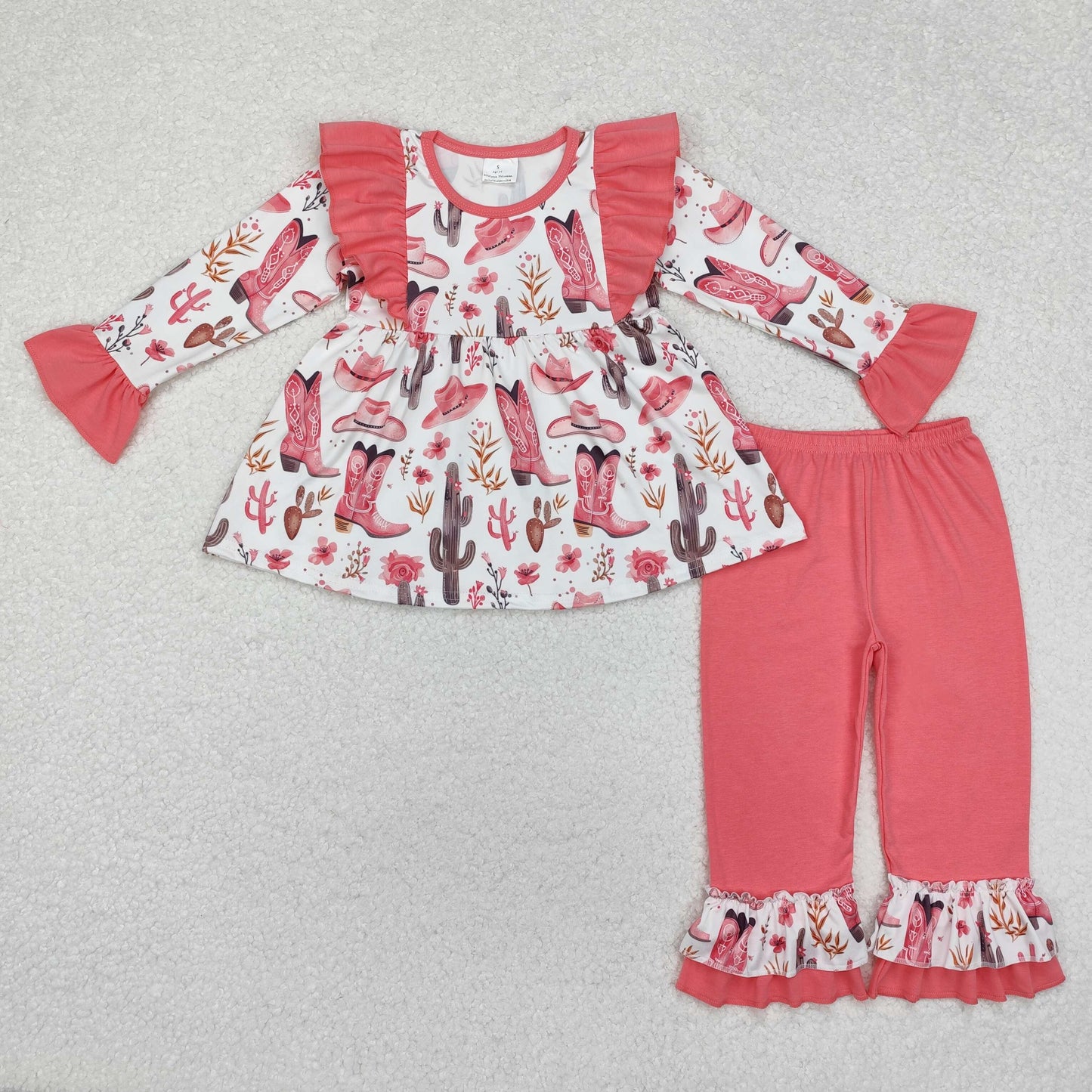 Baby Girl Long Sleeves Western Boots Tunic Ruffle Cotton Pants Clothes Set